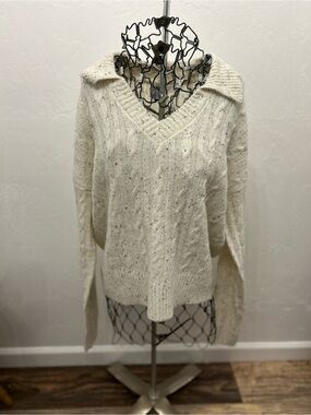 DR2 Cable Knit Sweater Cream Speckled Off Shoulder Cozy Pullover S